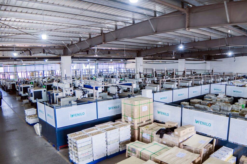 Industrial workshop with CNC machines and inspection area