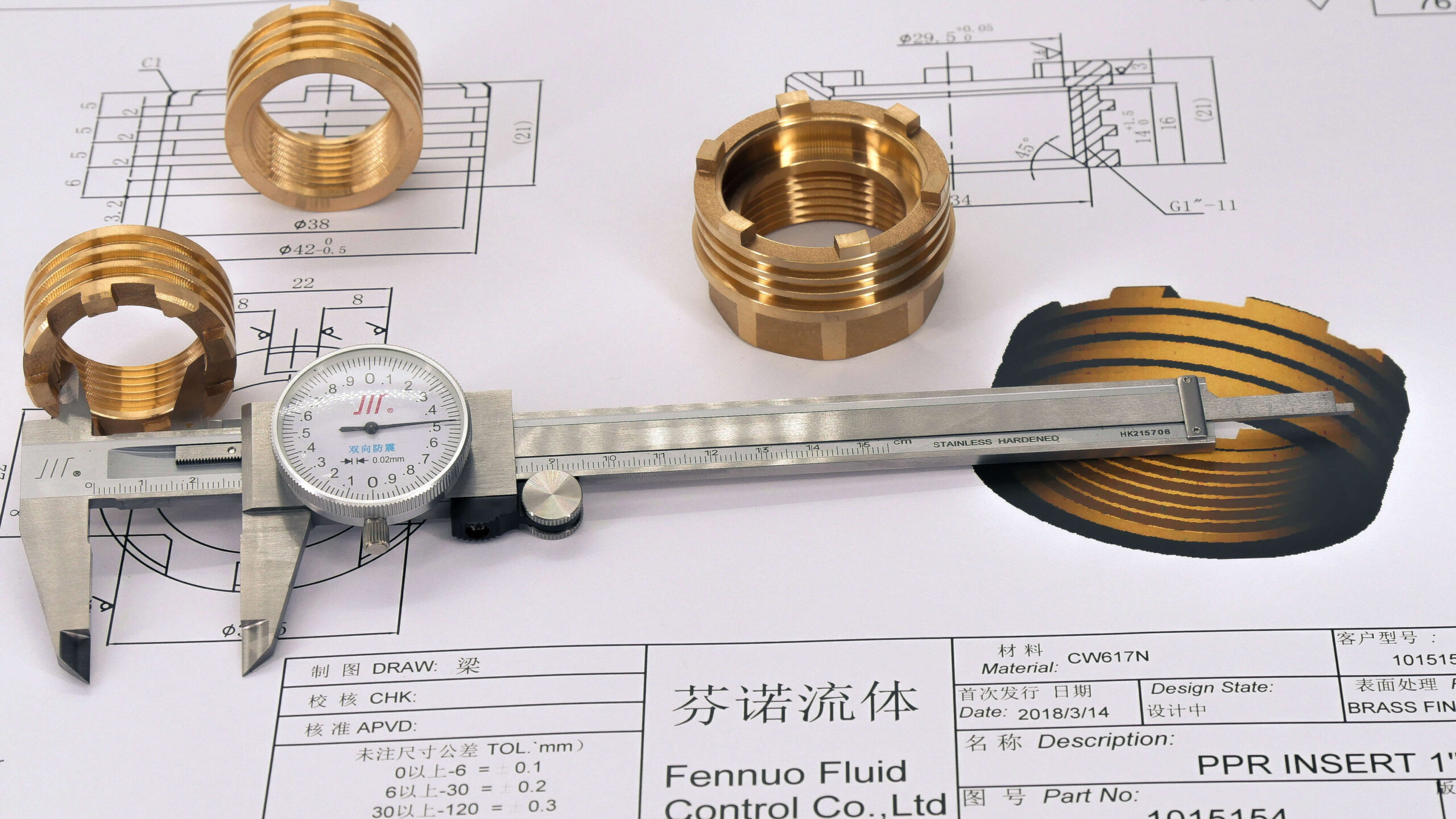 Brass fitting with wrench on technical drawing