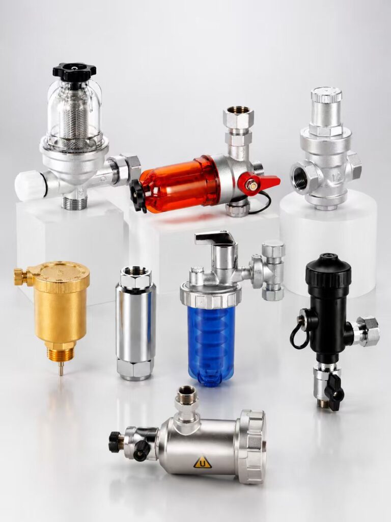 Brass pressure relief valve with blue and red handles