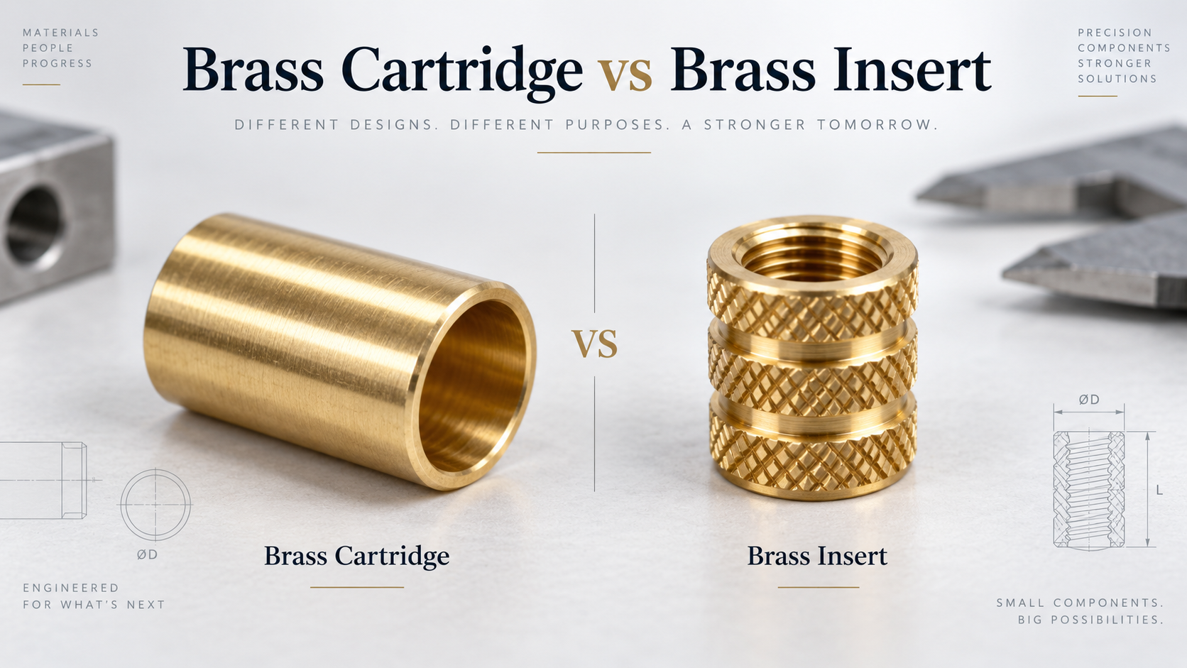 Side-by-side comparison photo: a knurled brass insert fitting embedded in a white PPR pipe fitting on the left, and a disassembled brass ball valve cartridge with ball, stem, and PTFE seats on the right