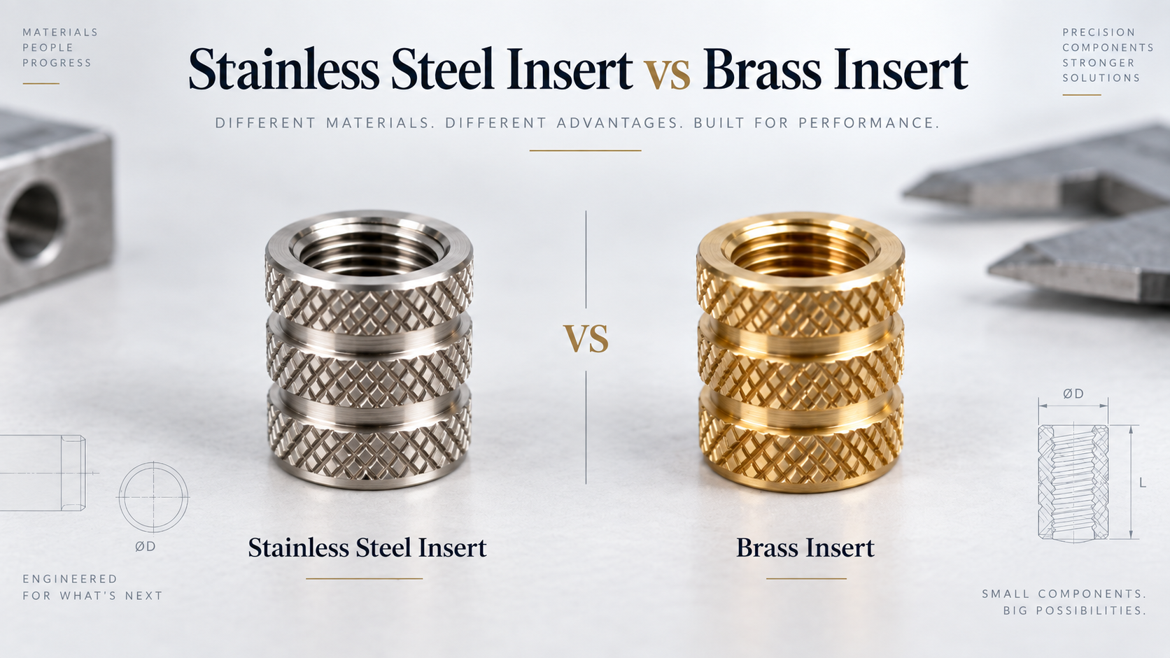 Macro photo comparing a gold-toned knurled brass insert on the left and a silver-toned knurled stainless steel insert on the right, both partially embedded in white plastic fitting samples