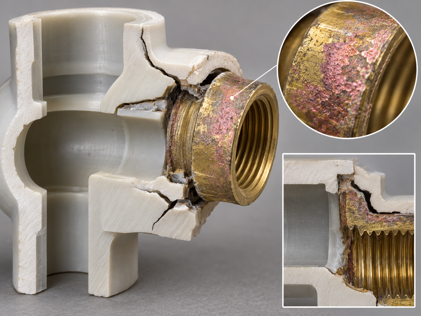 Cross-section diagram or photo showing a failed brass insert pulled partially out of a cracked plastic pipe fitting, with a close-up inset of pink-toned dezincification corrosion on the brass surface