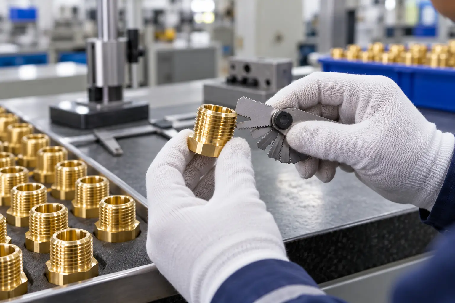 Brass inserts being checked with a thread gauge during finished-product inspection