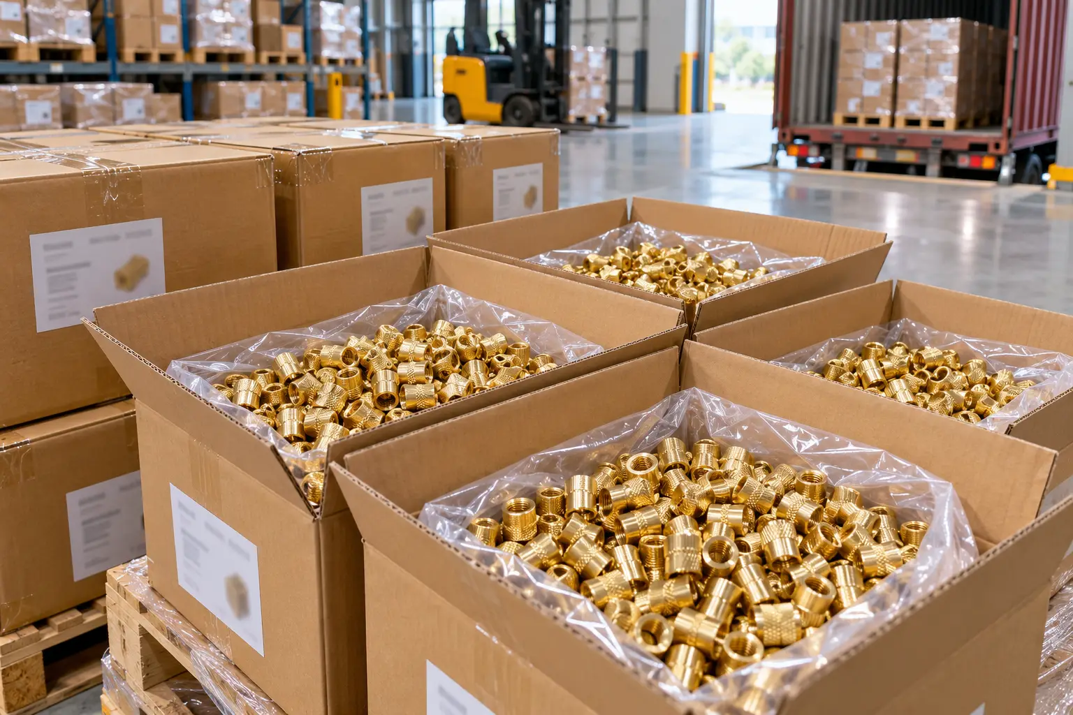 Finished brass inserts packed in labeled cartons ready for export shipment