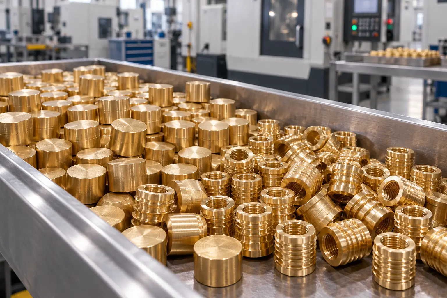 Hot forged CW617N brass insert blanks laid out in a tray before CNC machining