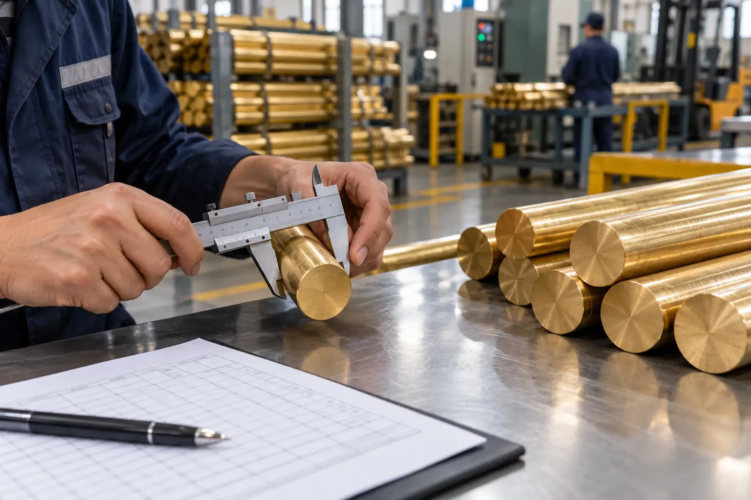 Incoming inspection of brass bar stock with caliper and record sheet in the Fenilo plant