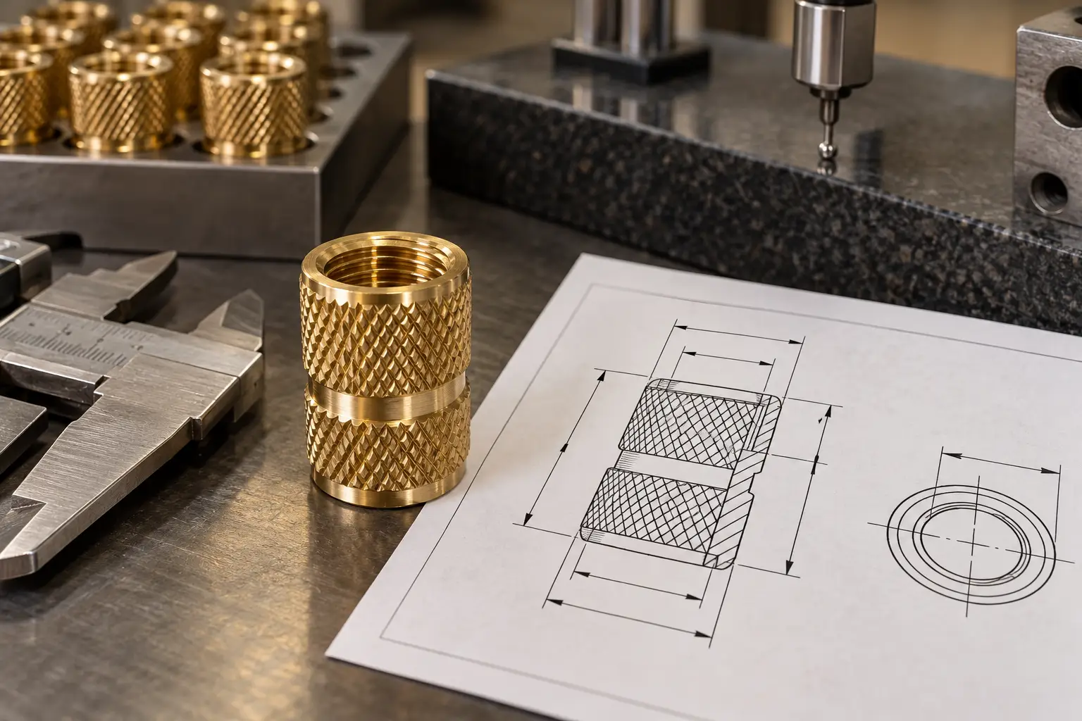 Knurled brass insert placed beside its dimensional drawing on an inspection table