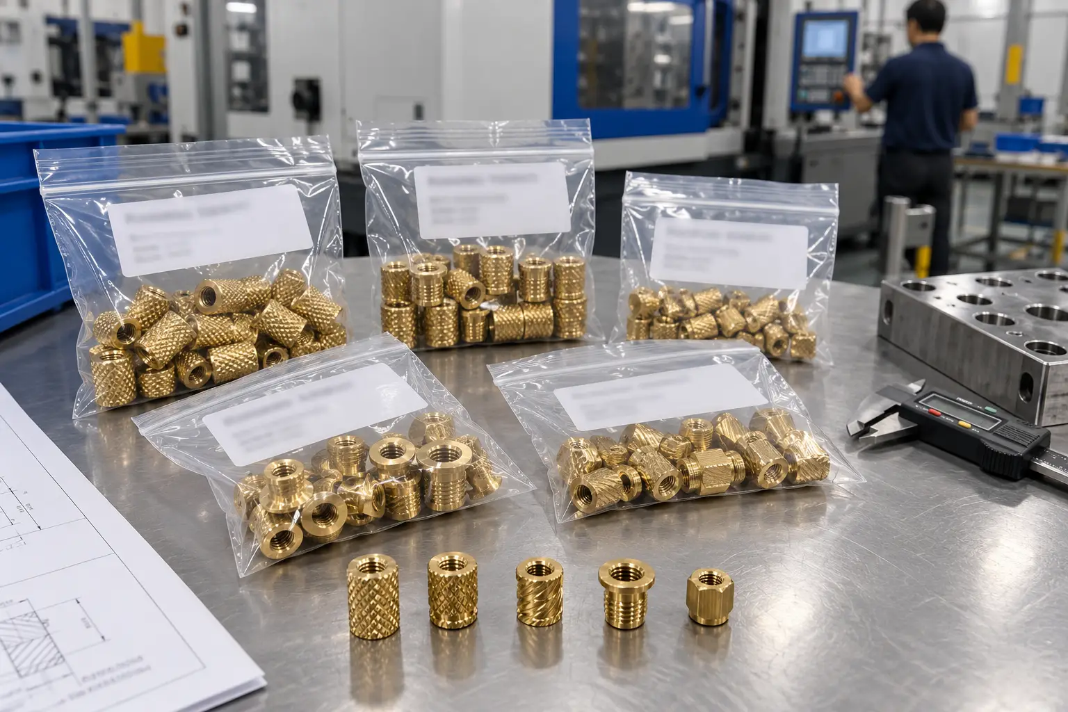 Sample brass inserts in labeled bags prepared for a customer molding trial